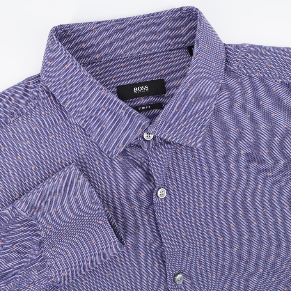 BOSS Slim Fit Swiss Fabric Button Down Blue Purple Long Sleeve Mens 16.5 Large